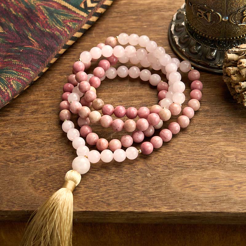 108 Bead Rhodonite Rose Quartz Mala Bracelet for Healing Harmony
