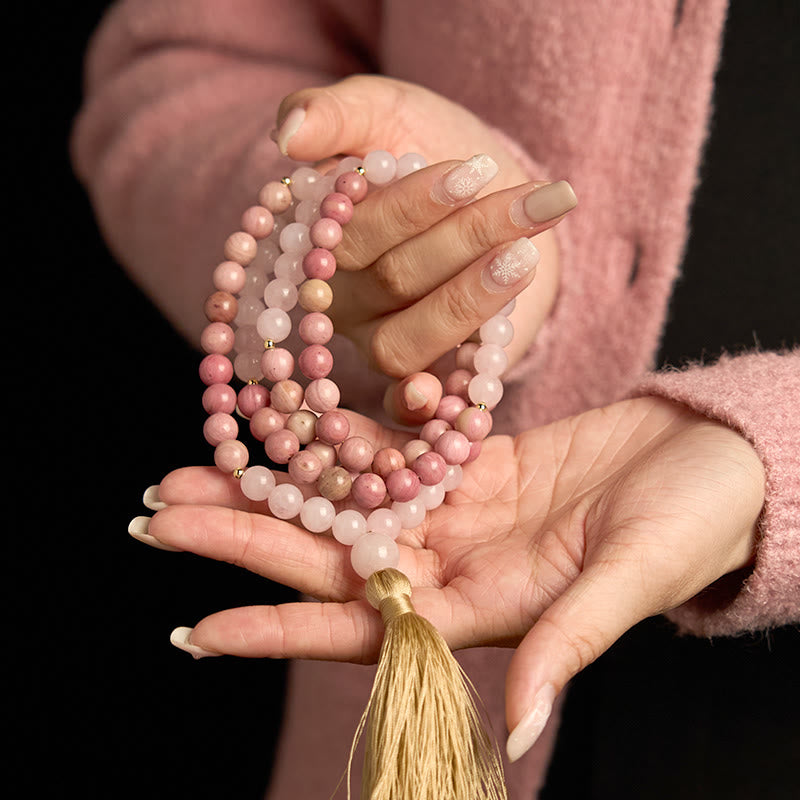 108 Bead Rhodonite Rose Quartz Mala Bracelet for Healing Harmony