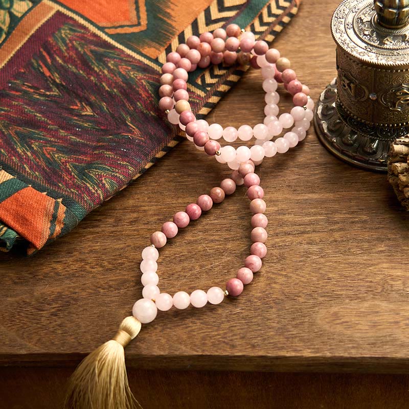 108 Bead Rhodonite Rose Quartz Mala Bracelet for Healing Harmony