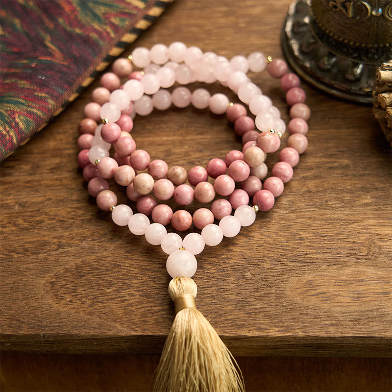 108 Bead Rhodonite Rose Quartz Mala Bracelet for Healing Harmony