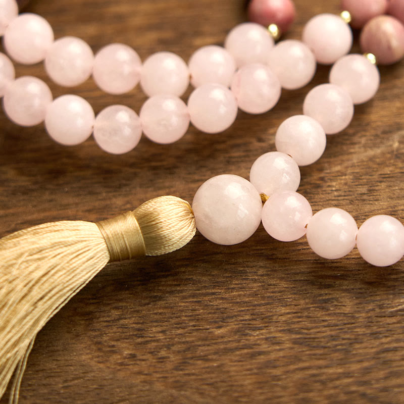 108 Bead Rhodonite Rose Quartz Mala Bracelet for Healing Harmony