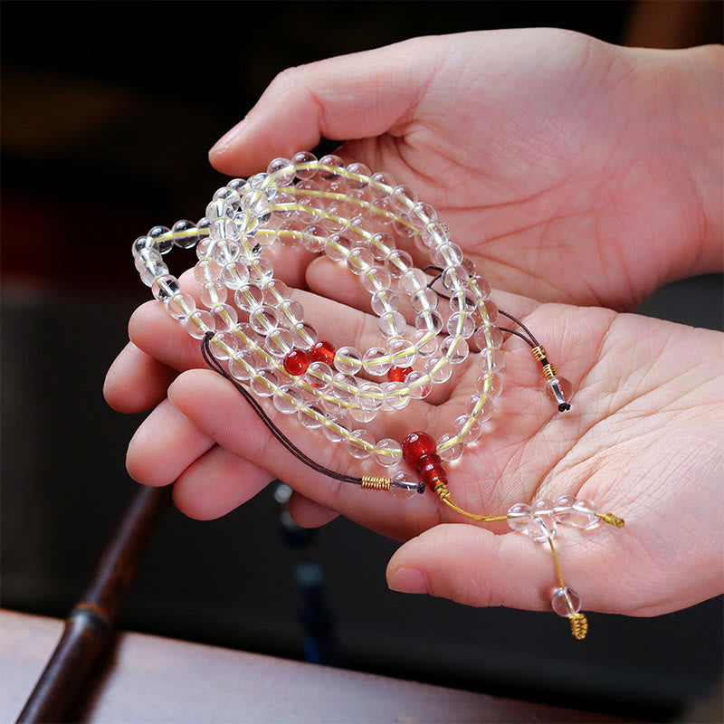 108 Bead White Red Agate Quadruple Wrap Protection Bracelet