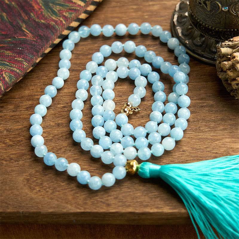 108 Beads Aquamarine Healing Bracelet with Lotus Pendant