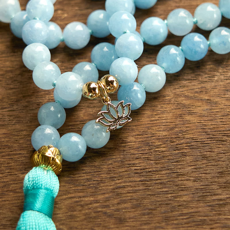 108 Beads Aquamarine Healing Bracelet with Lotus Pendant