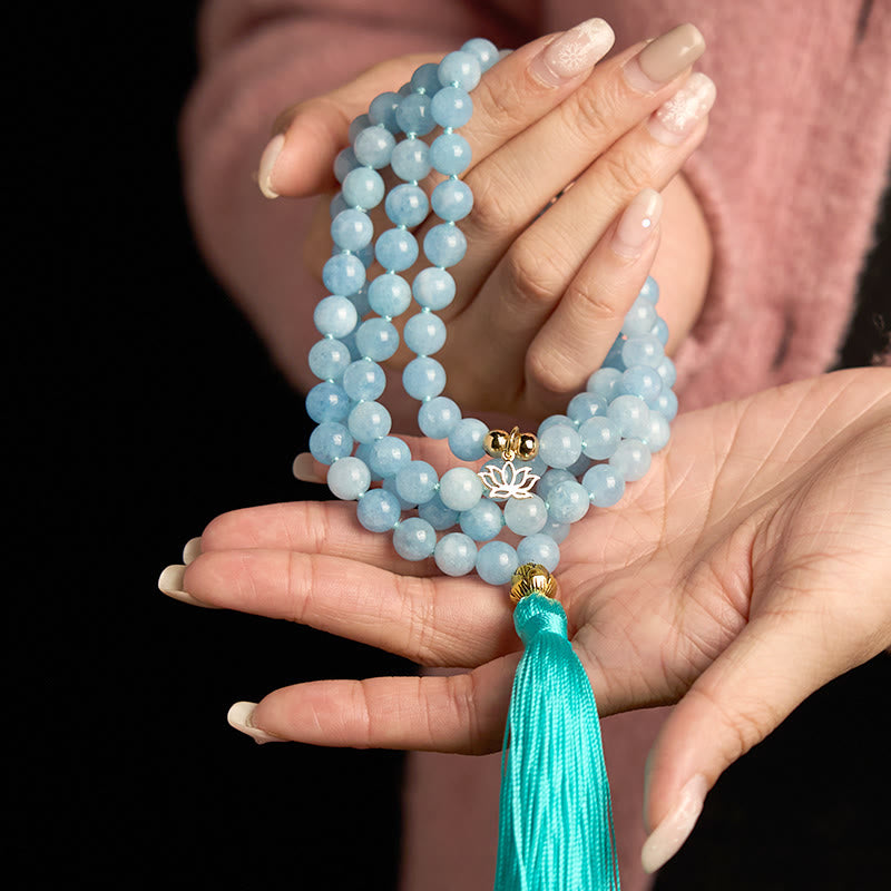 108 Beads Aquamarine Healing Bracelet with Lotus Pendant