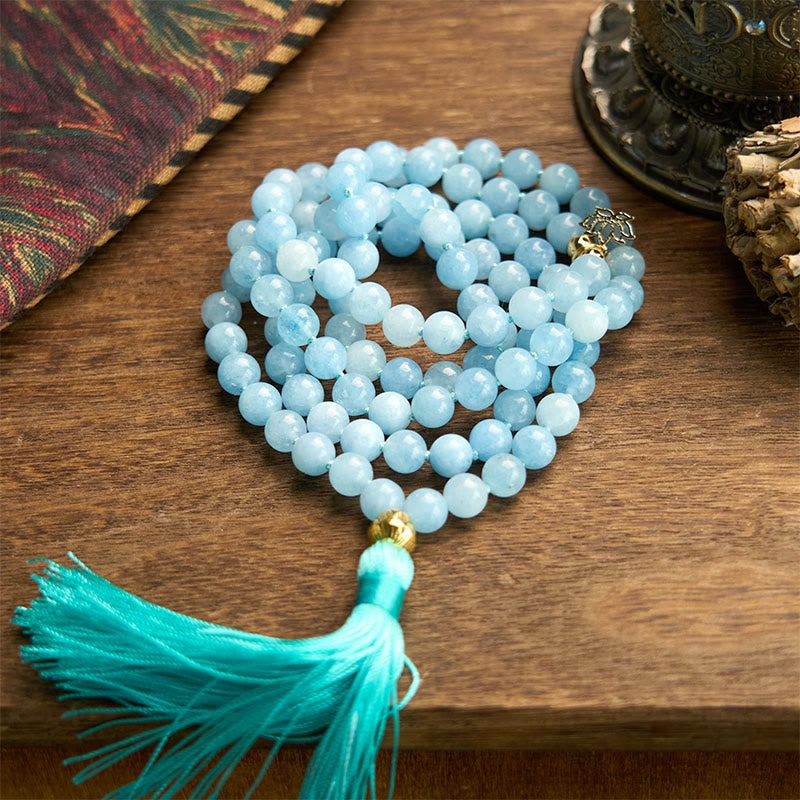 108 Beads Aquamarine Healing Bracelet with Lotus Pendant