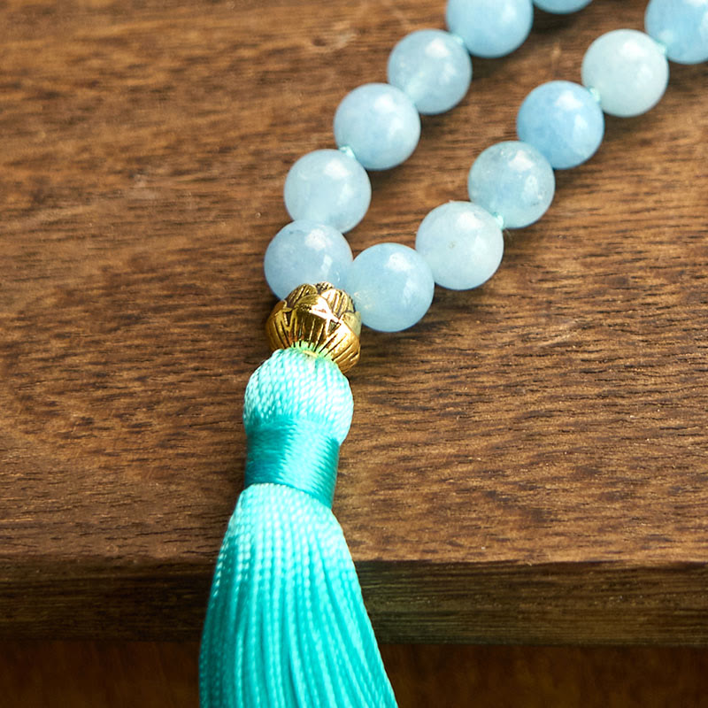 108 Beads Aquamarine Healing Bracelet with Lotus Pendant