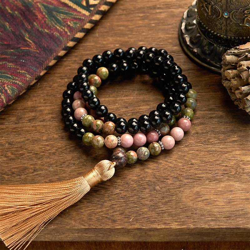 108 Beads Black Jasper Rhodonite Healing Unisex Mala