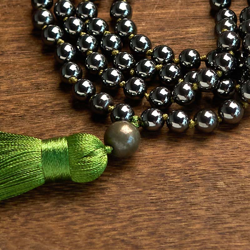 108 Beads Hematite Grounding Bracelet with Green Tassel