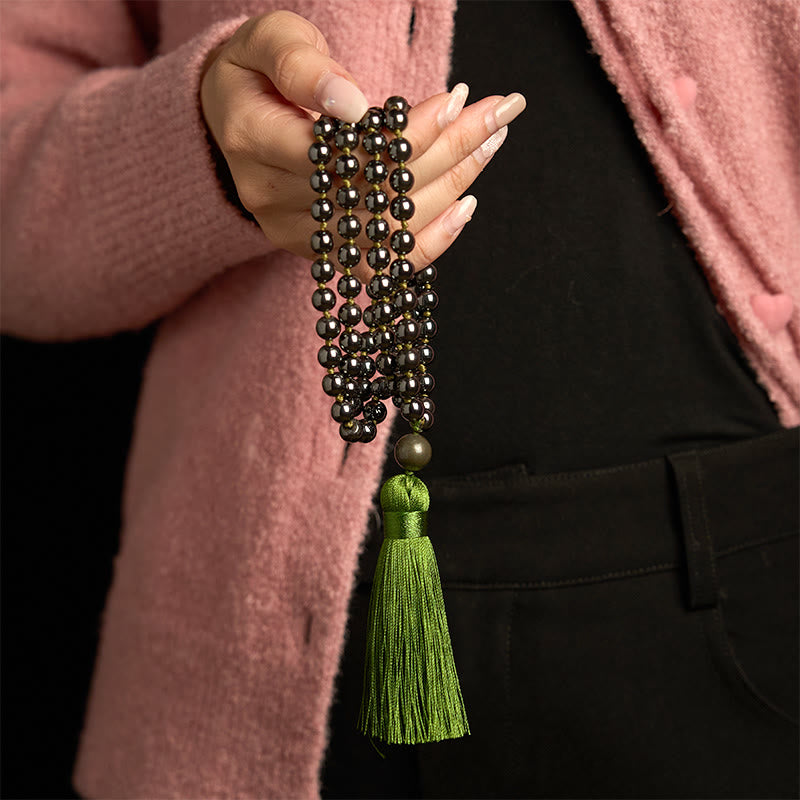 108 Beads Hematite Grounding Bracelet with Green Tassel