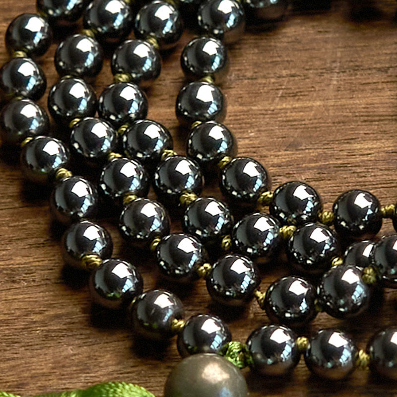 108 Beads Hematite Grounding Bracelet with Green Tassel