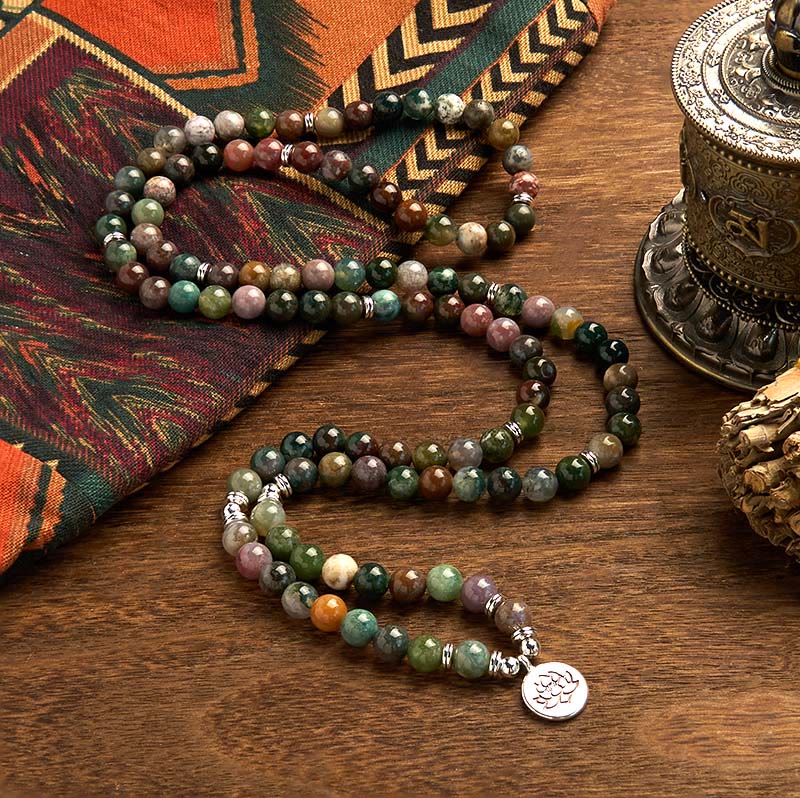 108 Beads Indian Agate Lotus Calm Bracelet for Meditation