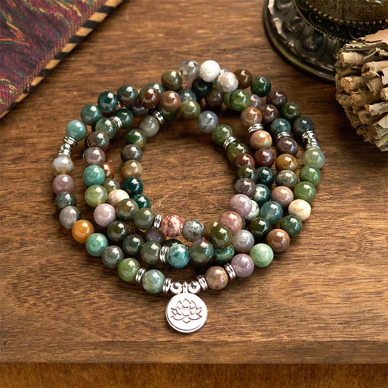 108 Beads Indian Agate Lotus Calm Bracelet for Meditation