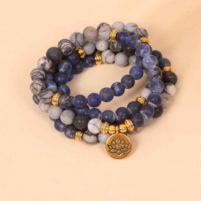 108 Beads Lotus Strength Bracelet with Sodalite & Zebra Jasper