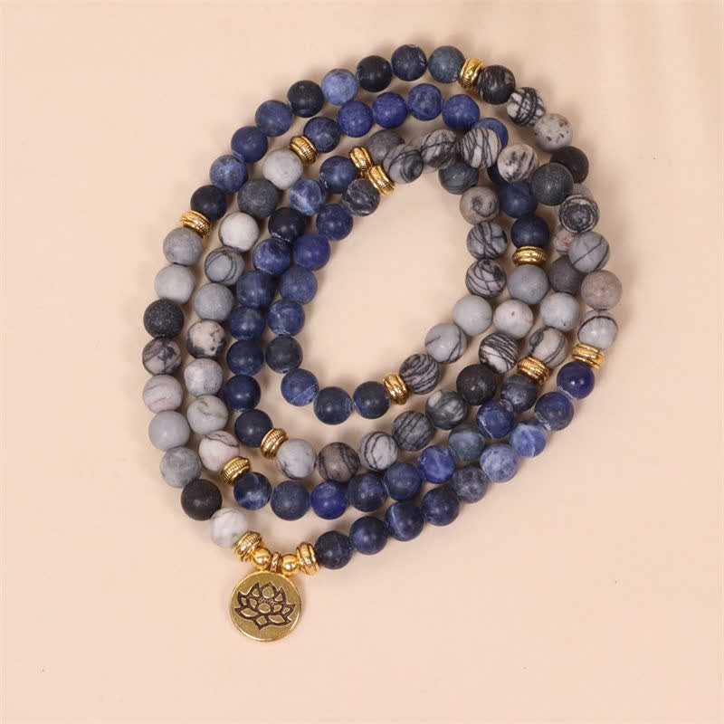 108 Beads Lotus Strength Bracelet with Sodalite & Zebra Jasper