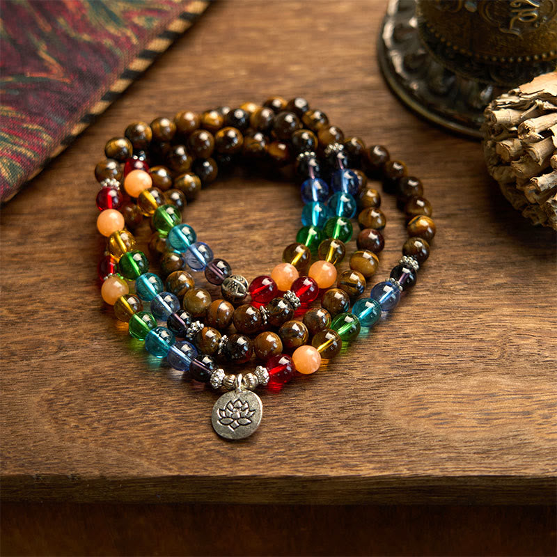 108 Beads Tiger Eye Colored Lotus Protection Bracelet