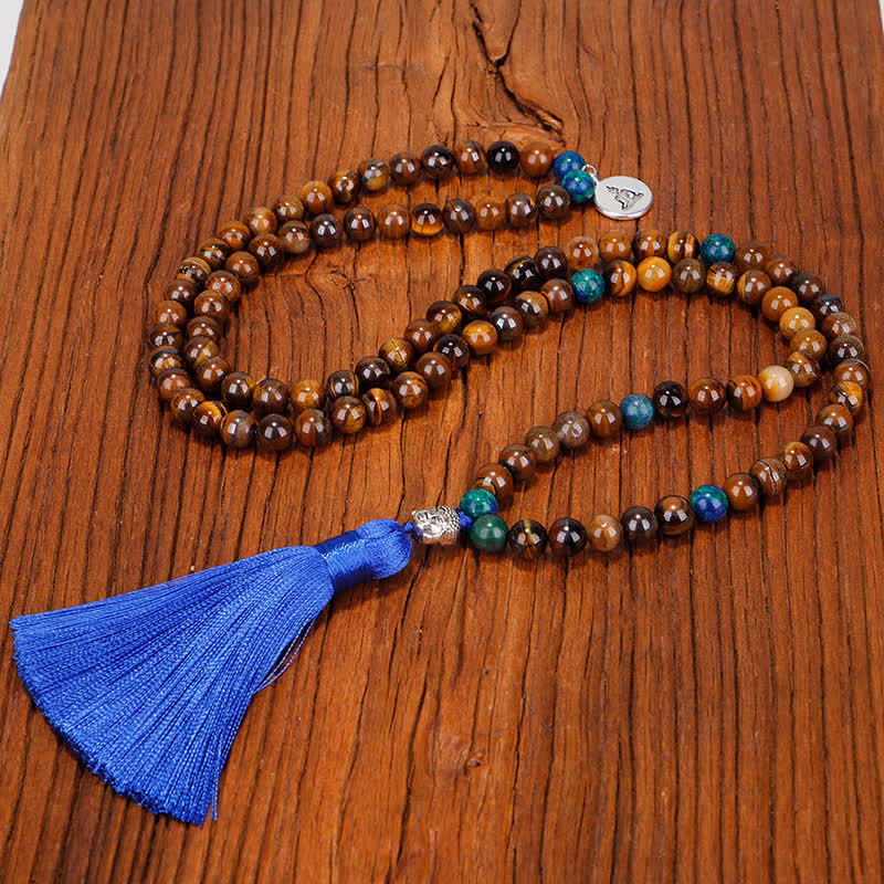 108-Beads Tiger Eye Strength Bracelet with Buddha Tassel
