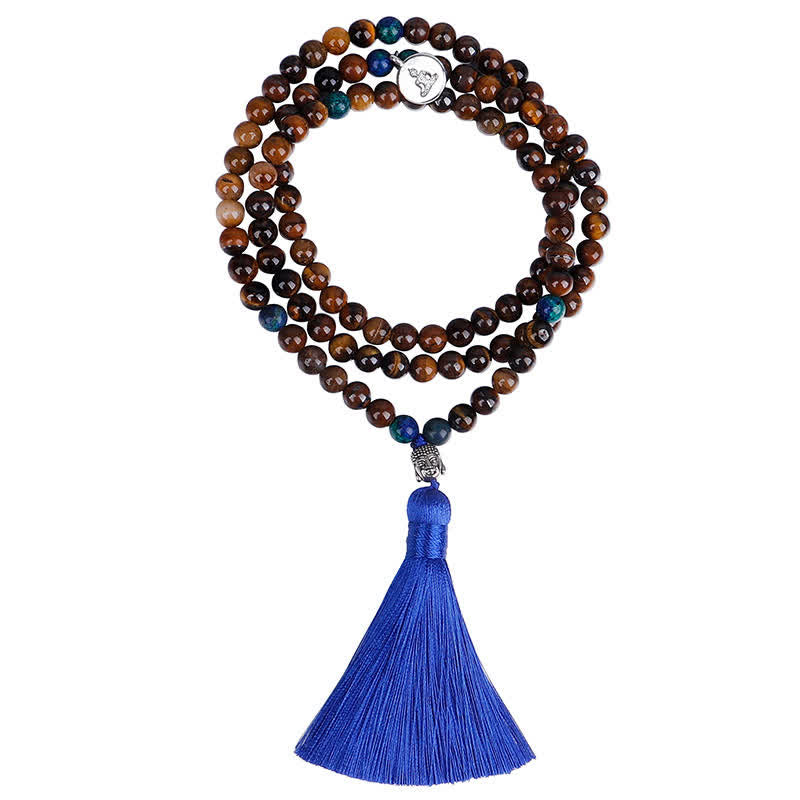 108-Beads Tiger Eye Strength Bracelet with Buddha Tassel
