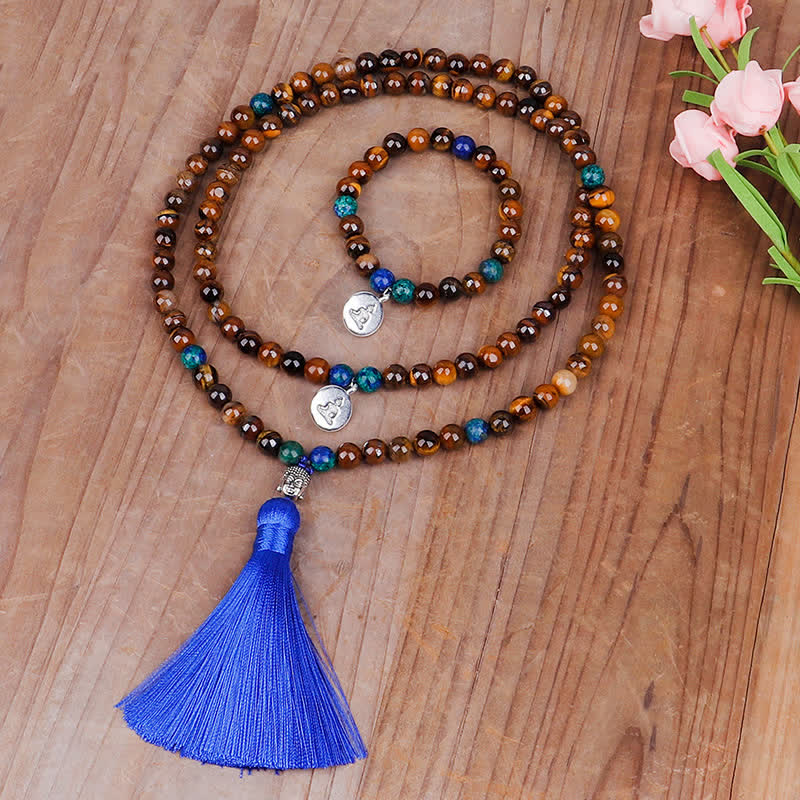 108-Beads Tiger Eye Strength Bracelet with Buddha Tassel