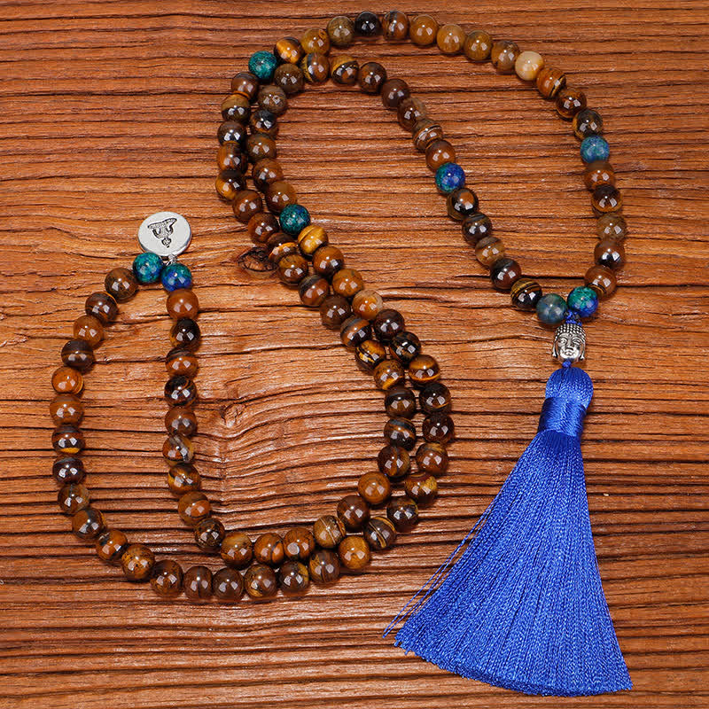 108-Beads Tiger Eye Strength Bracelet with Buddha Tassel