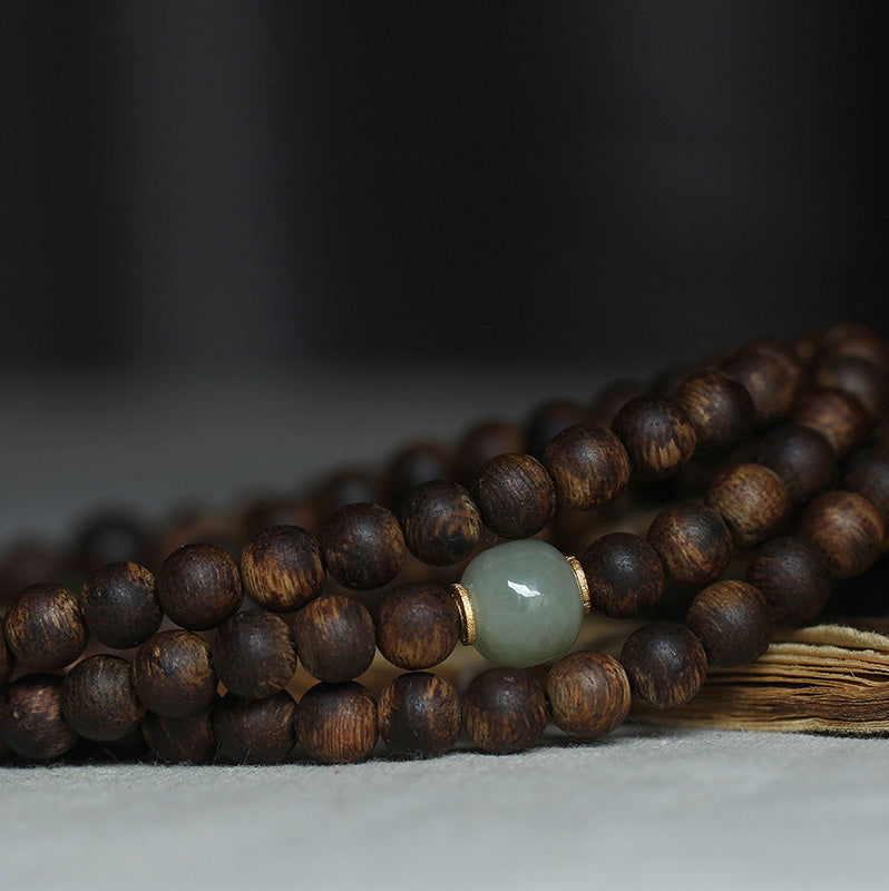 108 Beads Wood Mala Bracelet Agarwood Jade 999 Gold Peace