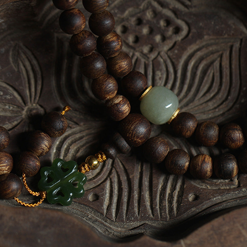 108 Beads Wood Mala Bracelet Agarwood Jade 999 Gold Peace