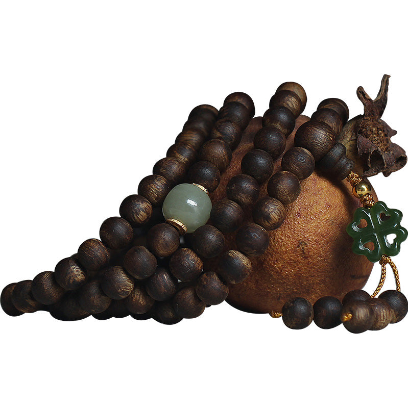 108 Beads Wood Mala Bracelet Agarwood Jade 999 Gold Peace