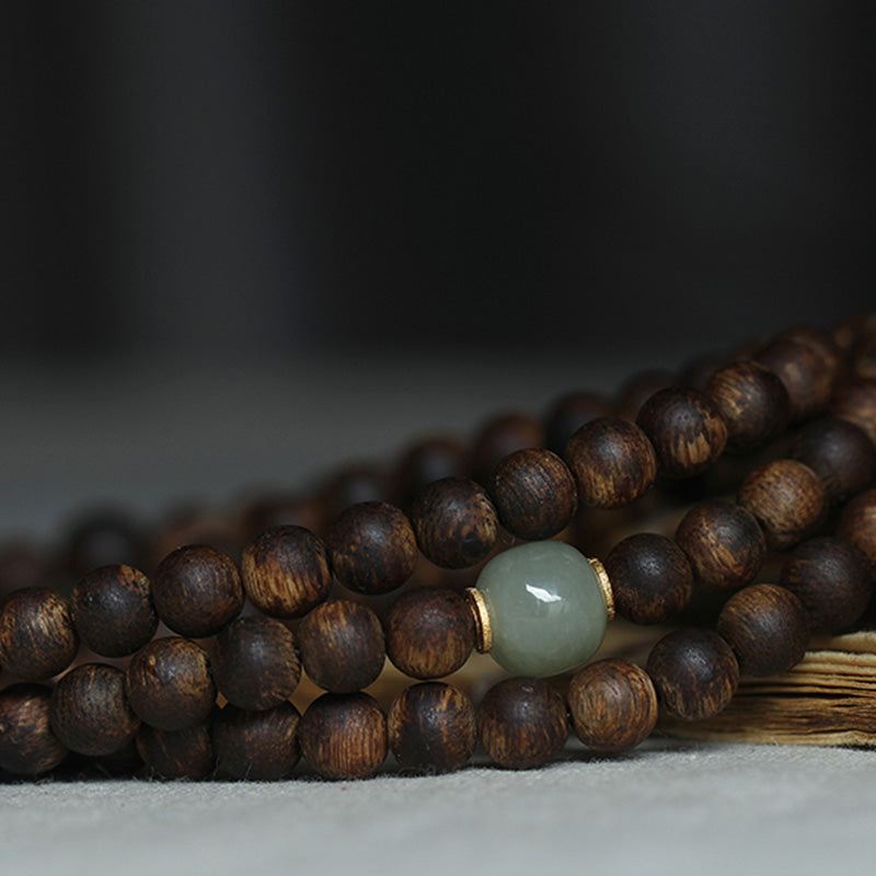 108 Beads Wood Mala Bracelet Agarwood Jade 999 Gold Peace