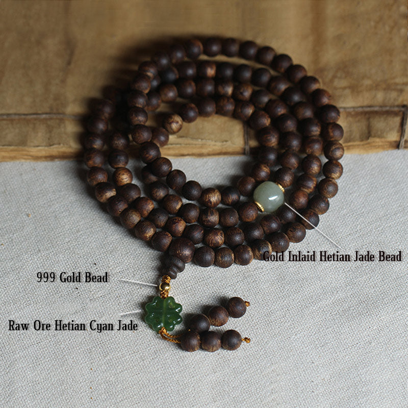 108 Beads Wood Mala Bracelet Agarwood Jade 999 Gold Peace