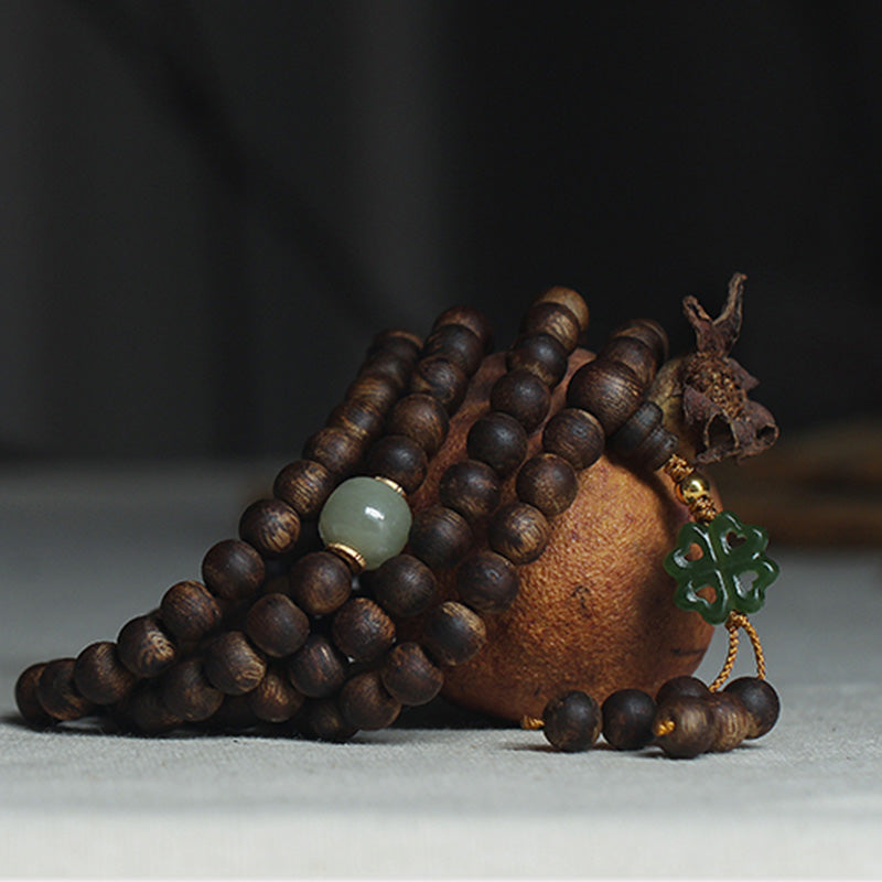 108 Beads Wood Mala Bracelet Agarwood Jade 999 Gold Peace