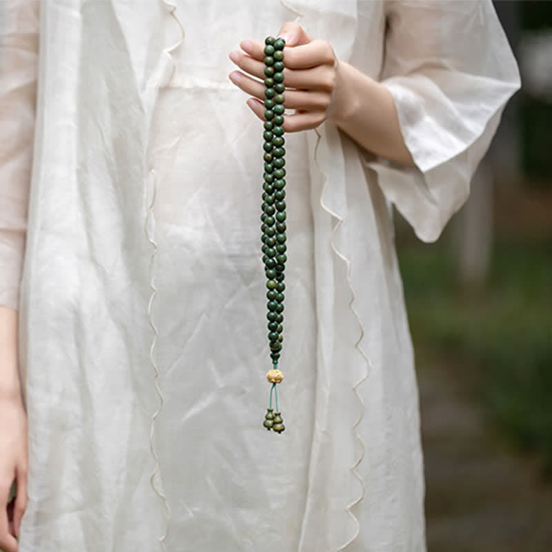 108 Wood Mala Beads Bracelet Green Sandalwood Lotus Beads