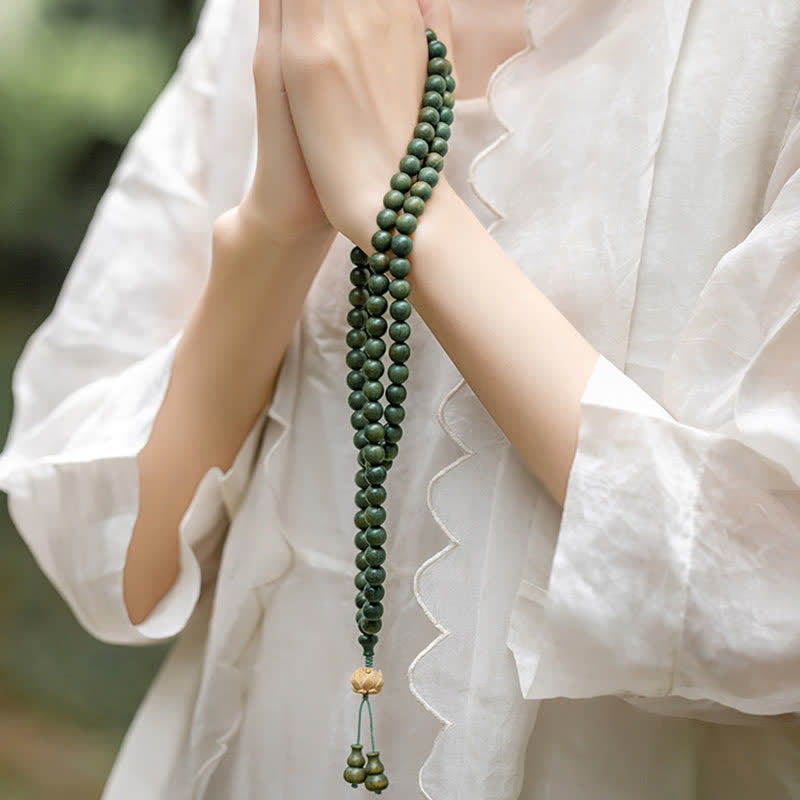 108 Wood Mala Beads Bracelet Green Sandalwood Lotus Beads
