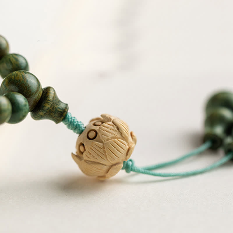 108 Wood Mala Beads Bracelet Green Sandalwood Lotus Beads