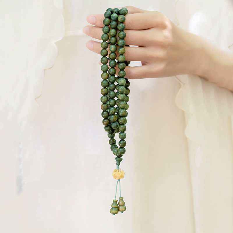 108 Wood Mala Beads Bracelet Green Sandalwood Lotus Beads