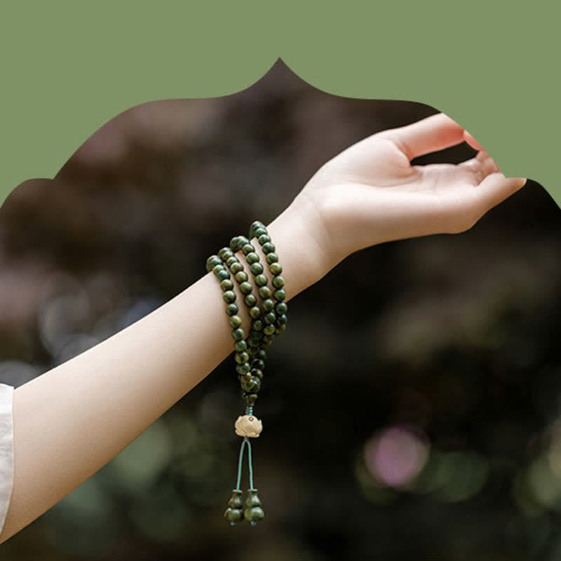 108 Wood Mala Beads Bracelet Green Sandalwood Lotus Beads