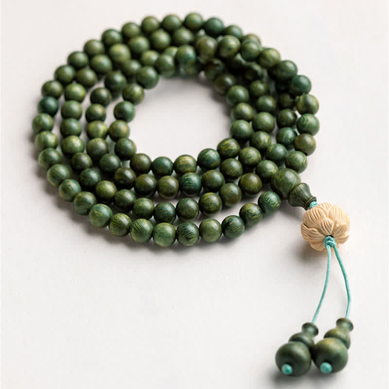 108 Wood Mala Beads Bracelet Green Sandalwood Lotus Beads