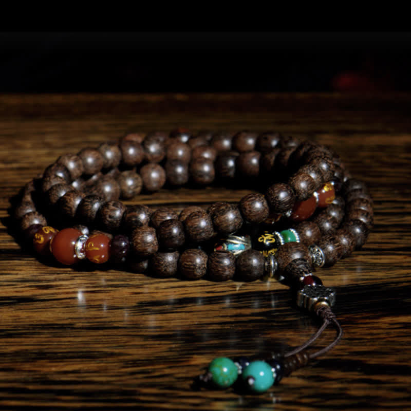 108 Wood Mala Bracelet with Agarwood & Red Agate for Peace & Strength
