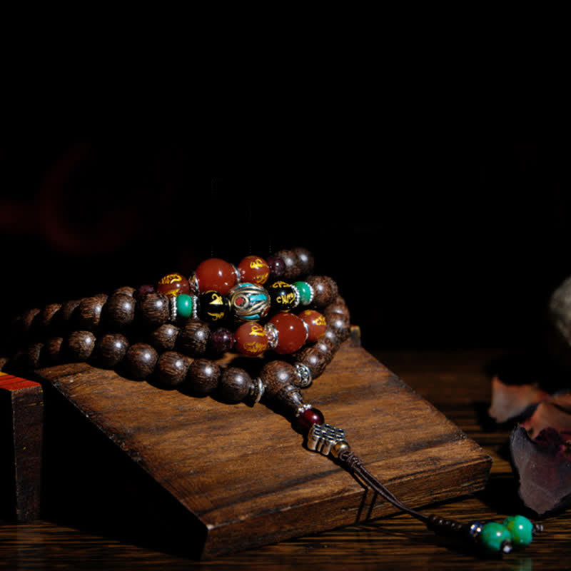 108 Wood Mala Bracelet with Agarwood & Red Agate for Peace & Strength