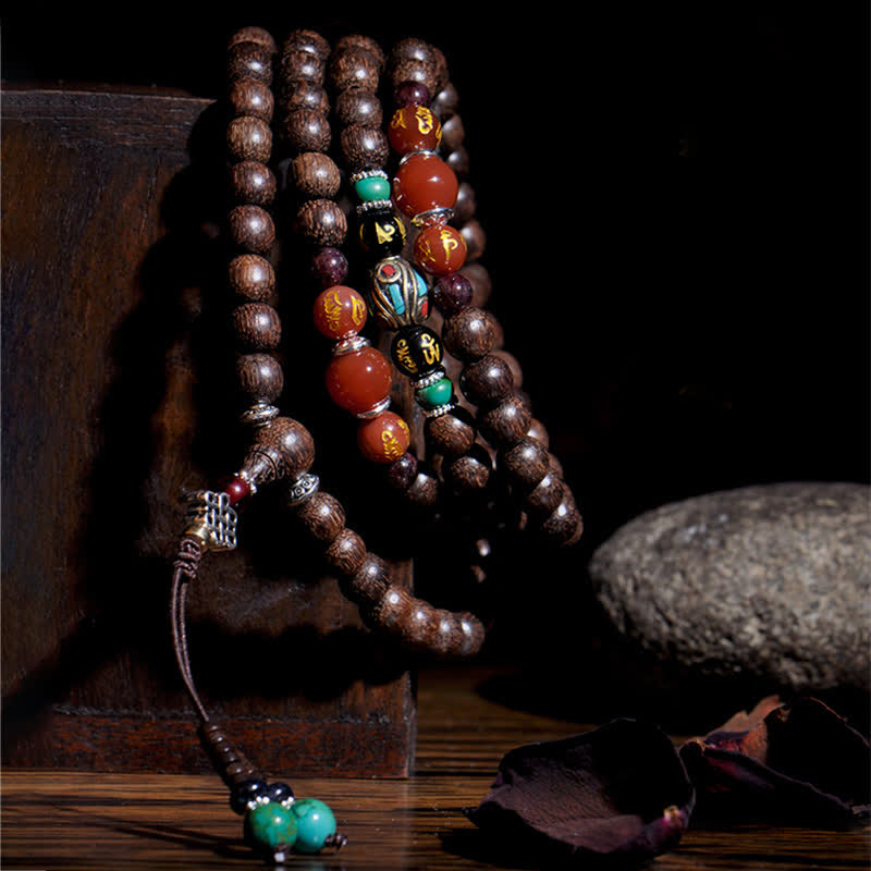 108 Wood Mala Bracelet with Agarwood & Red Agate for Peace & Strength