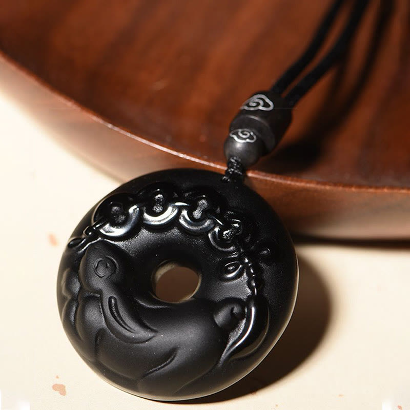 Chinese Zodiac Black Obsidian Strength Necklace Pendant