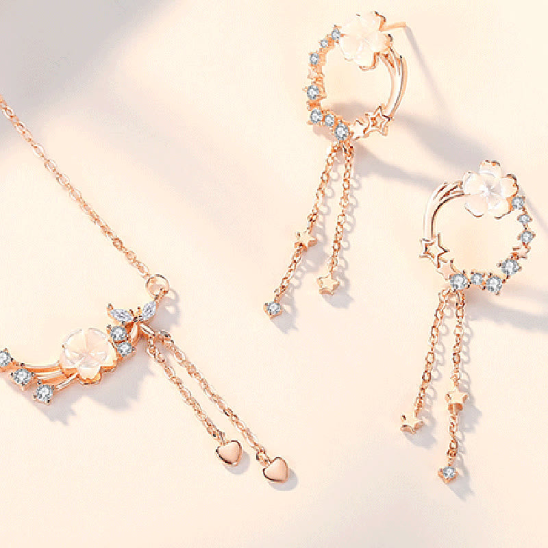 925 Sterling Silver Flower Butterfly Love Necklace Set