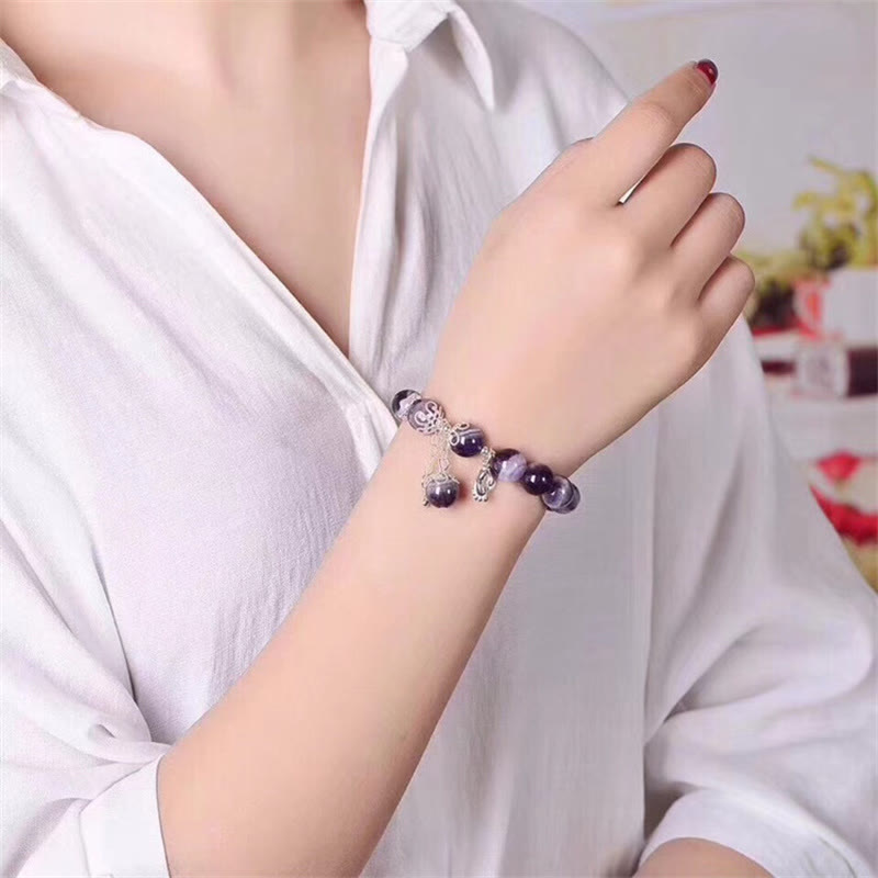 10mm Amethyst Bracelet with Love Heart & Feet Charm