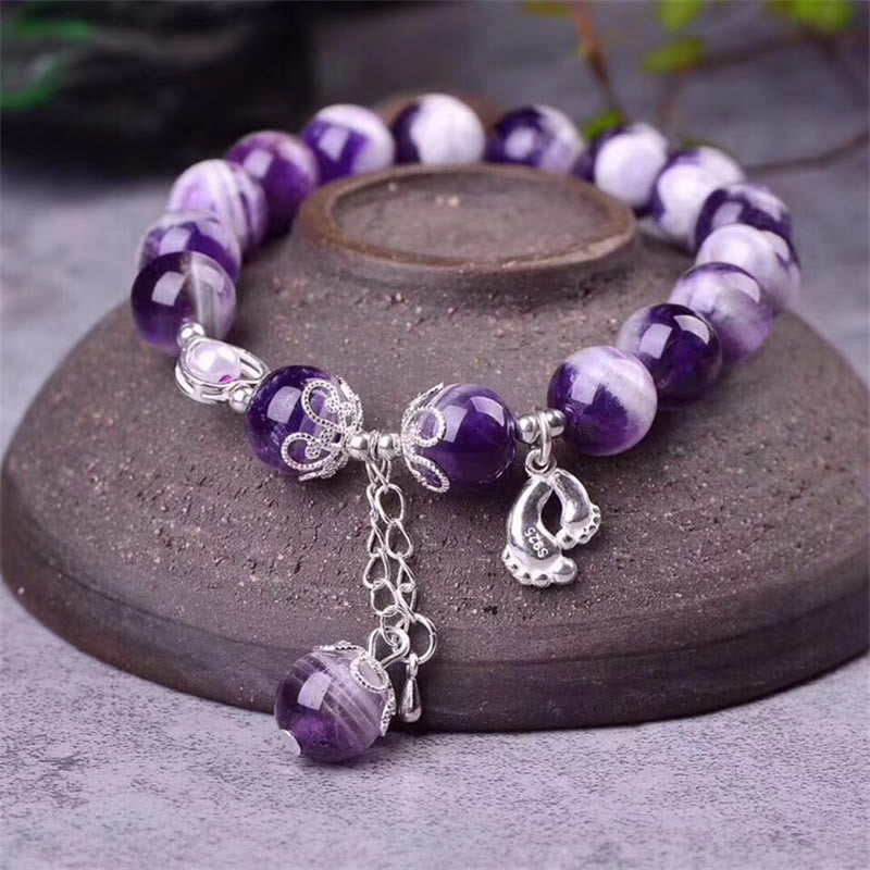 10mm Amethyst Bracelet with Love Heart & Feet Charm