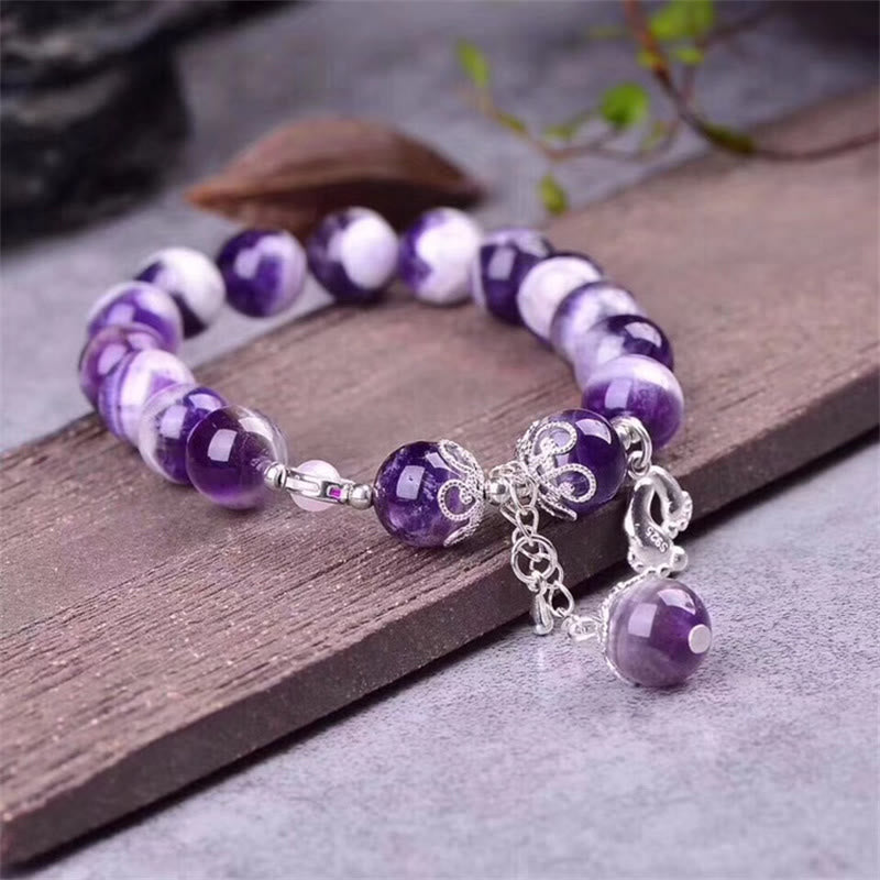 10mm Amethyst Bracelet with Love Heart & Feet Charm