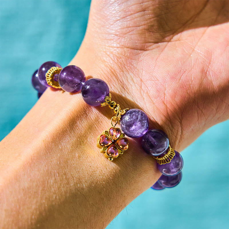 10mm Amethyst Four Leaf Clover Communication Bracelet