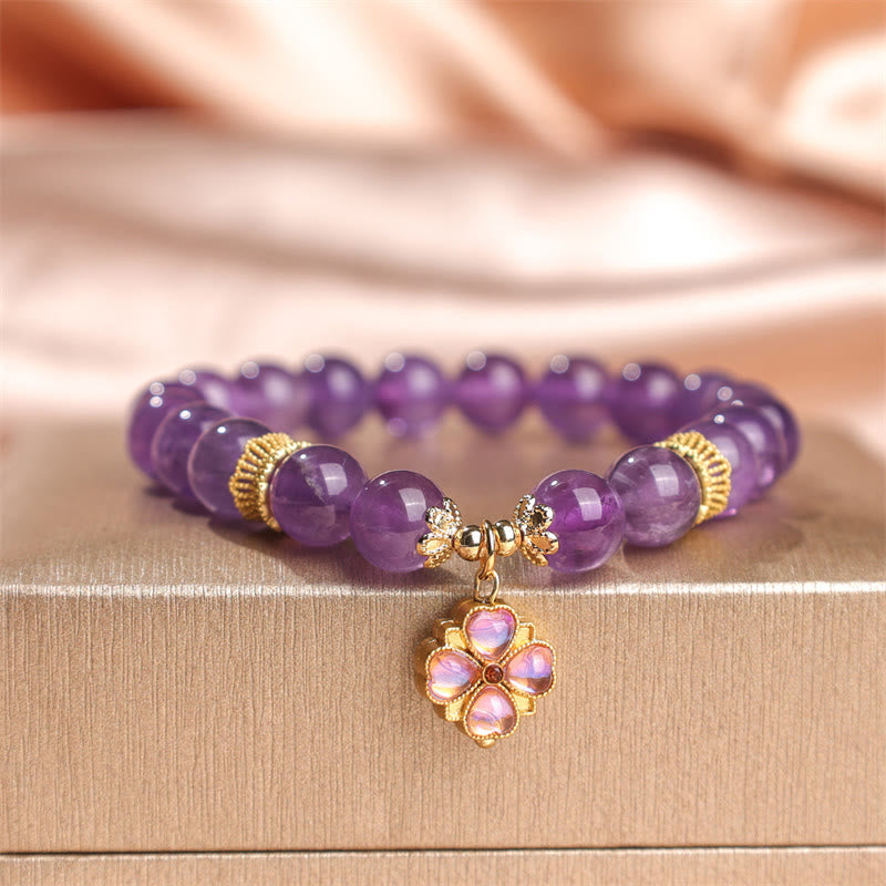 10mm Amethyst Four Leaf Clover Communication Bracelet