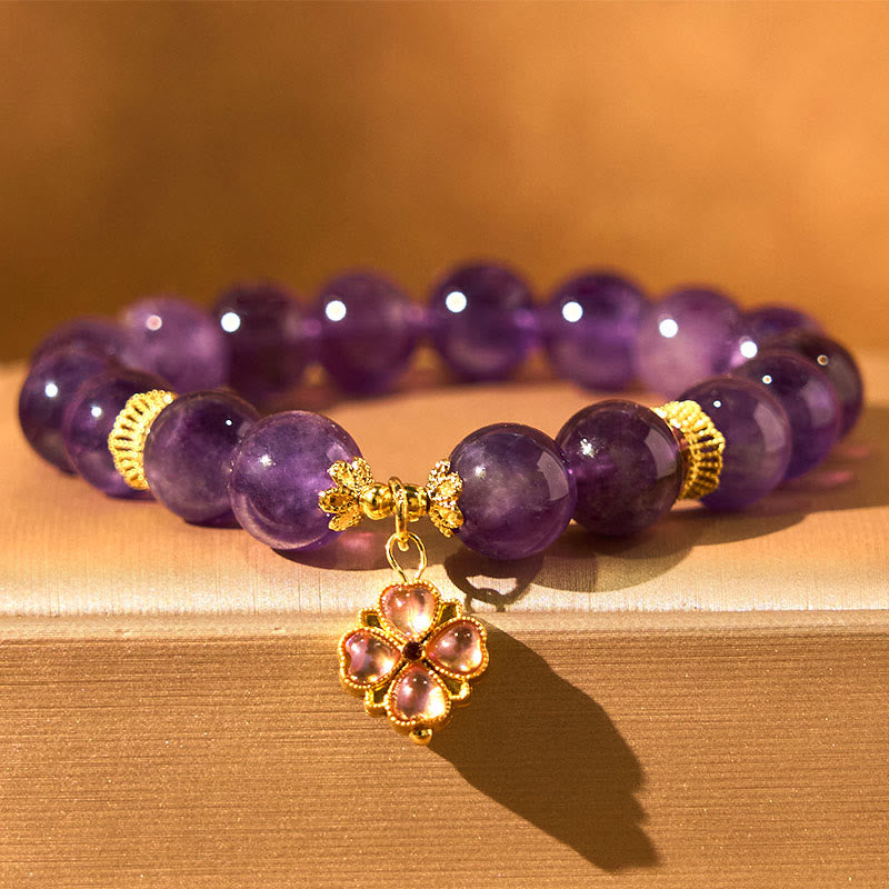 10mm Amethyst Four Leaf Clover Communication Bracelet
