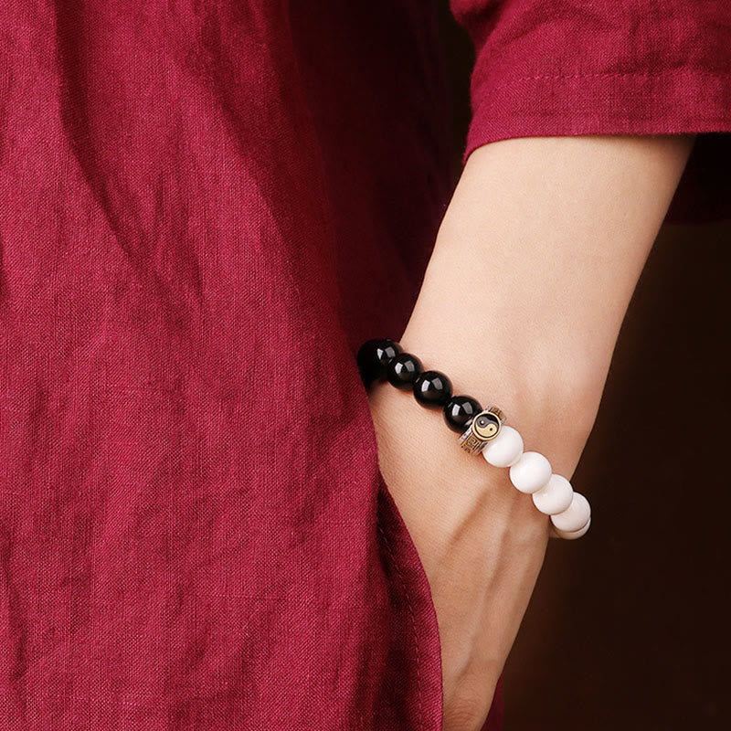 10mm Black Obsidian Yin Yang Strength Bracelet