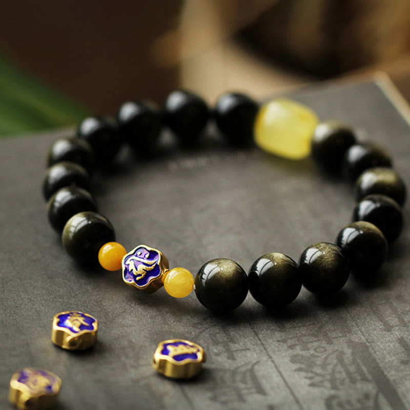 10mm Gold Sheen Obsidian Chinese Zodiac Protection Bracelet