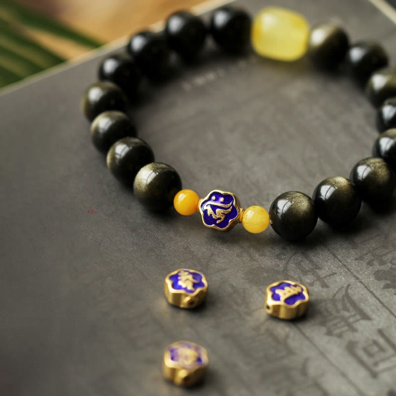 10mm Gold Sheen Obsidian Chinese Zodiac Protection Bracelet